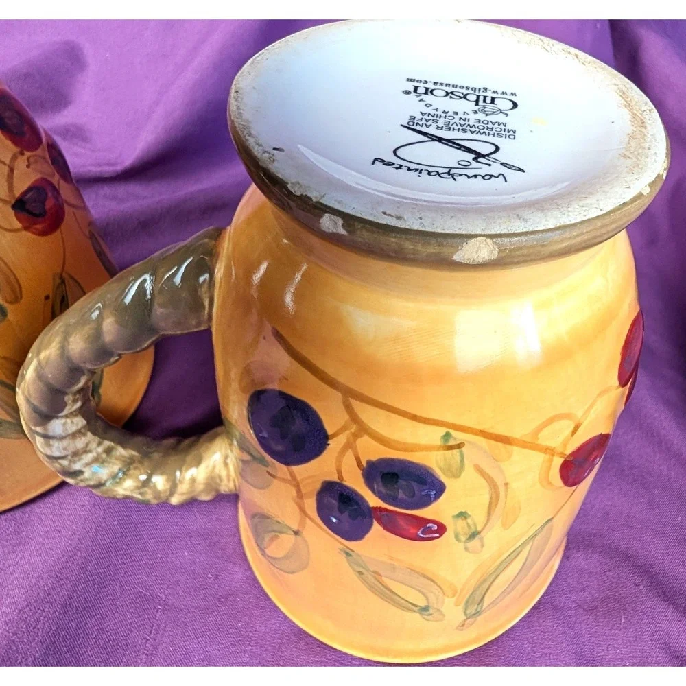 Gibson BISTRO ITALIA 2 Mugs Olive Branch Rope Handles Hand Painted 16oz